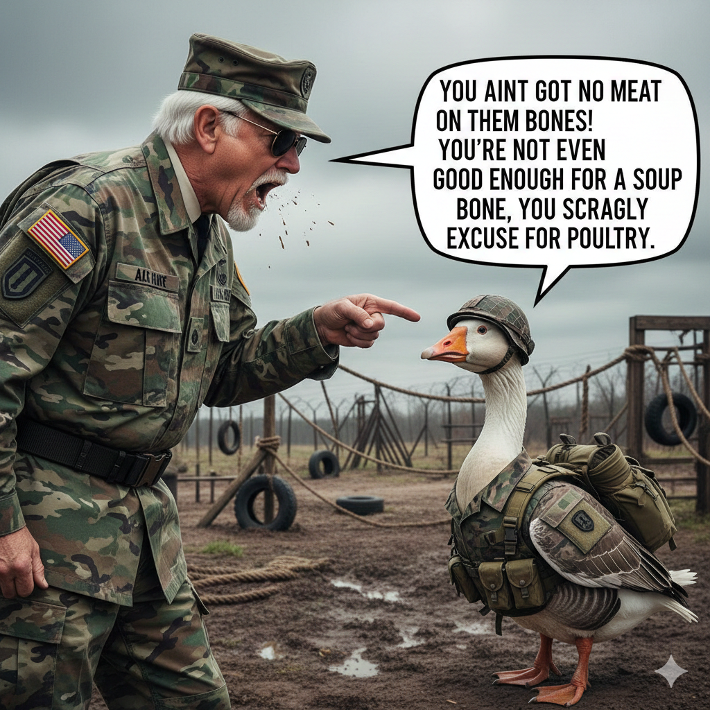 On army training grounds, Colonel Sanders: the drill sergeant, destroys a goose's confidence through demeaning words. Pieces of saliva spray from his mouth as he screams these words at the goose: You aint got no meat on them bones! You're not even good enough for a soup bone, you scragly excuse for poultry.